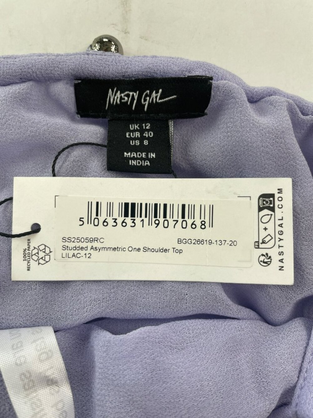 Nasty Girl Studded Asymmetric One-Shoulder Lilac Top Wmn's Sz 8 MSRP$160 NWT - Picture 6 of 10